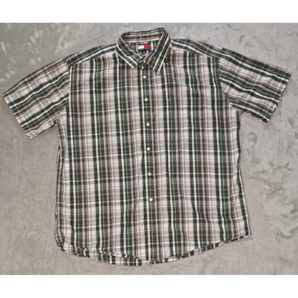 Vintage Tommy Hilfiger Shirt Mens XL Green Plaid Preppy Y2K Button Up Casual